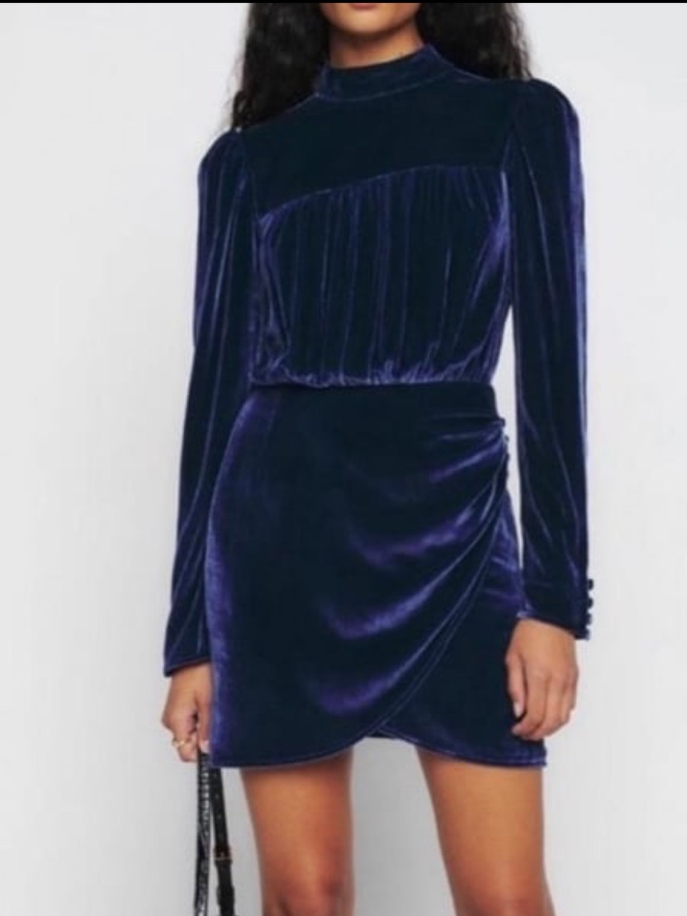 Reformation Evora Blue Velvet Long Sleeve Mini Dress